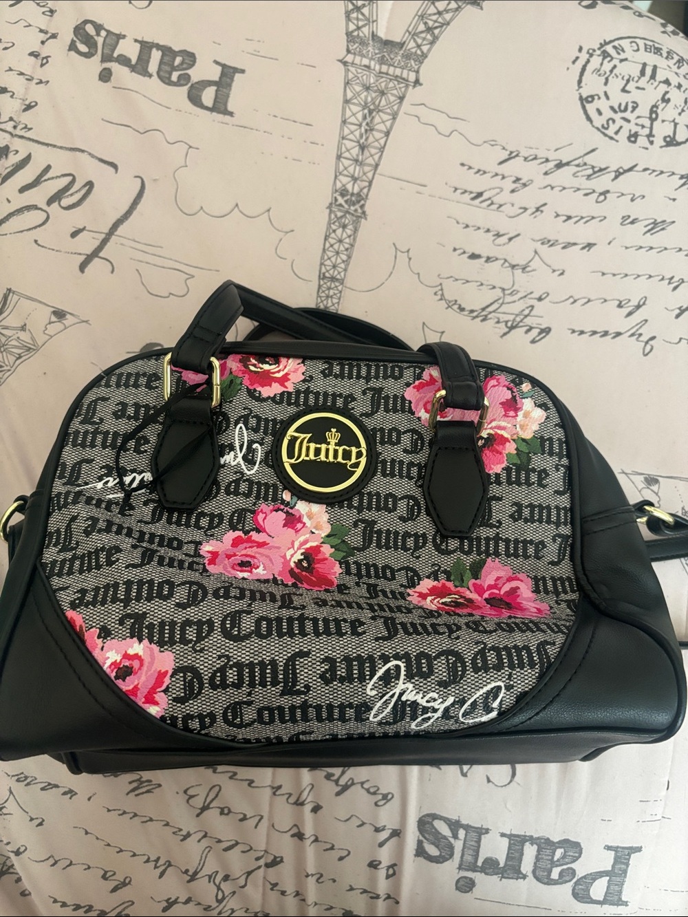 Juicy Couture Black Satchel with Pink Floral Print
